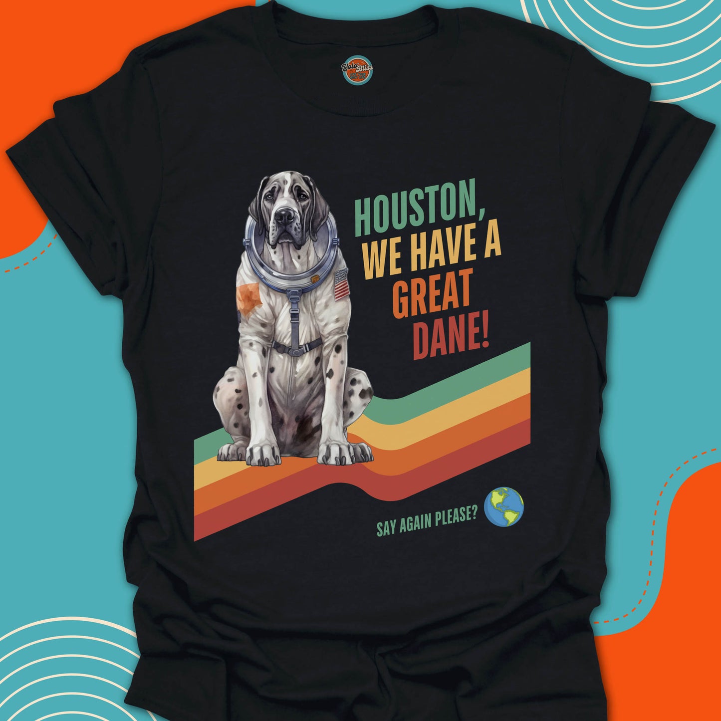 Black t-shirt with a dog in a space suit graphic and text on a colorful background