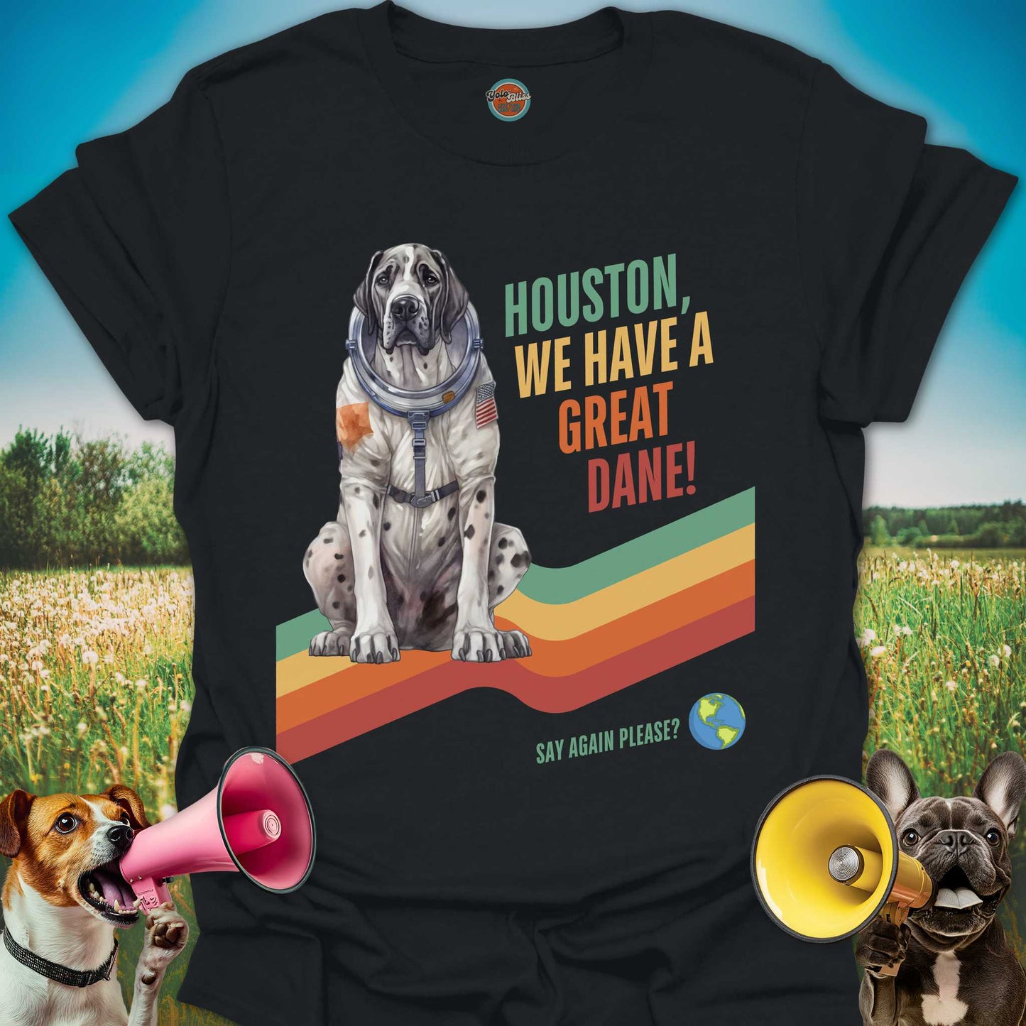 Black t-shirt with a dog in a space suit graphic and text on a colorful background