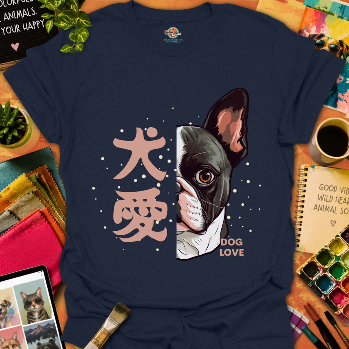Navy blue t-shirt with a Boston Terrier dog illustration and 'Dog Love' text on a colorful background