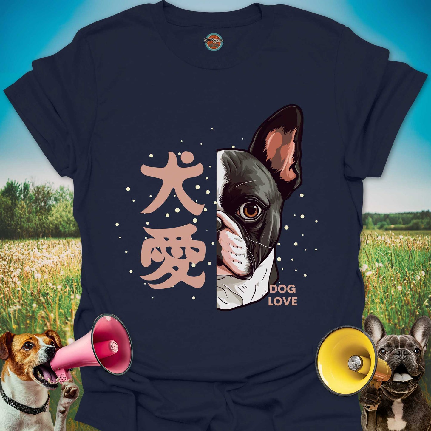 Navy blue t-shirt with a Boston Terrier dog illustration and 'Dog Love' text on a colorful background