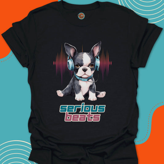 Black t-shirt with a serious Boston Terrier dog wearing headphones graphic and 'serious beats' text over a red soundwave background