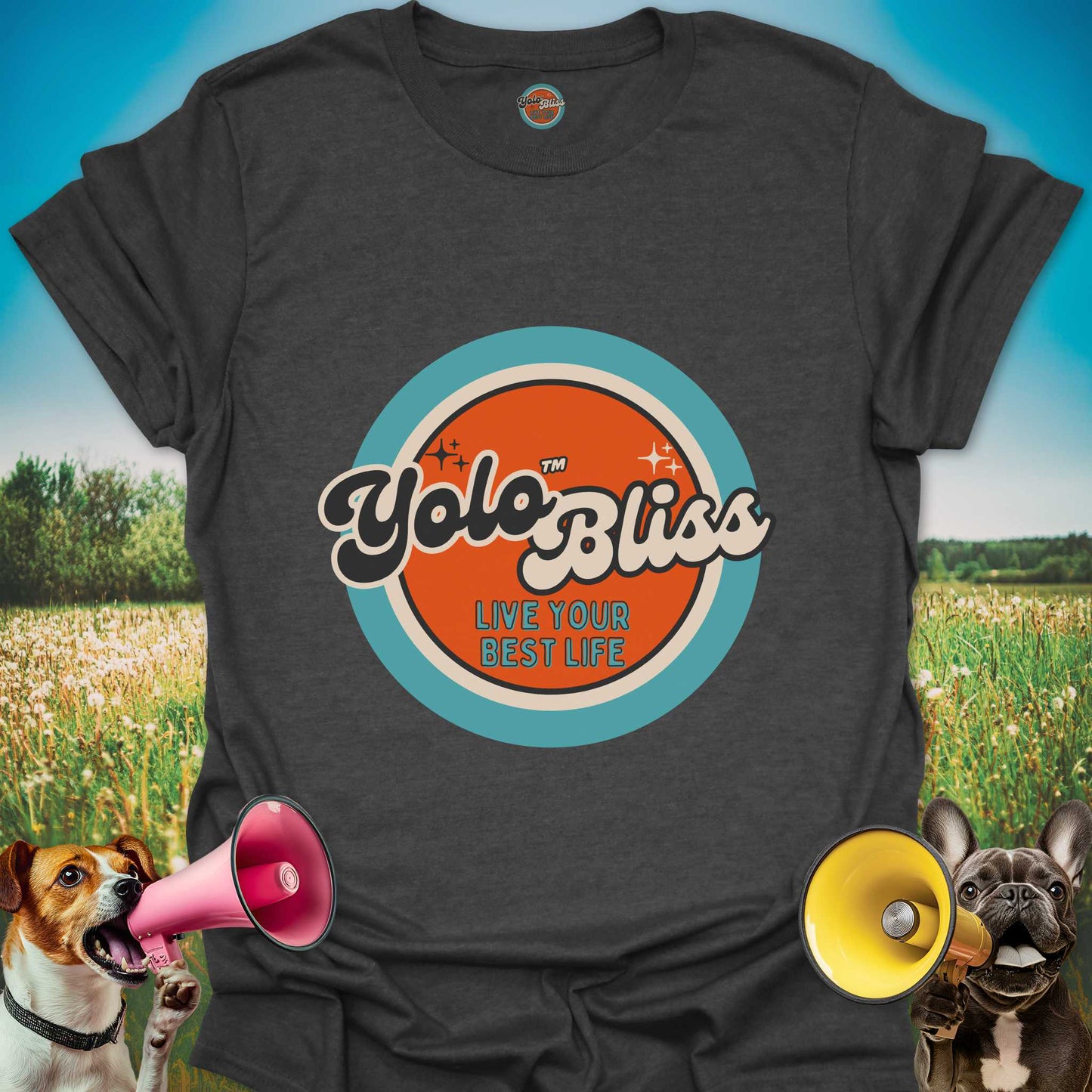 Dark gray t-shirt with a large official "YoloBliss, Live your best life" orange and turquoise logo on the front. Yolo Bliss
