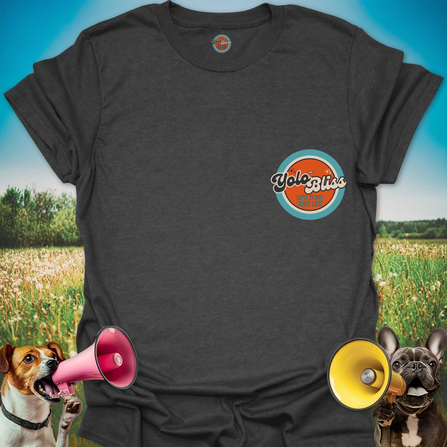 Dark gray t-shirt with a small official "Yolo Bliss, Live your best life" orange and turquoise logo on the chest. YoloBliss