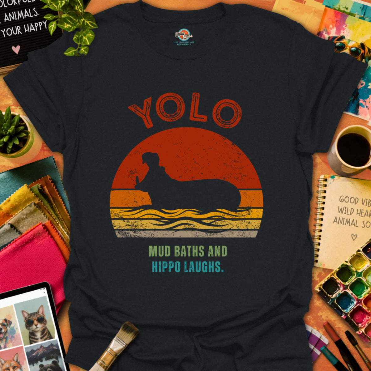Rustic YOLO Retro Sunset Hippo T-shirt