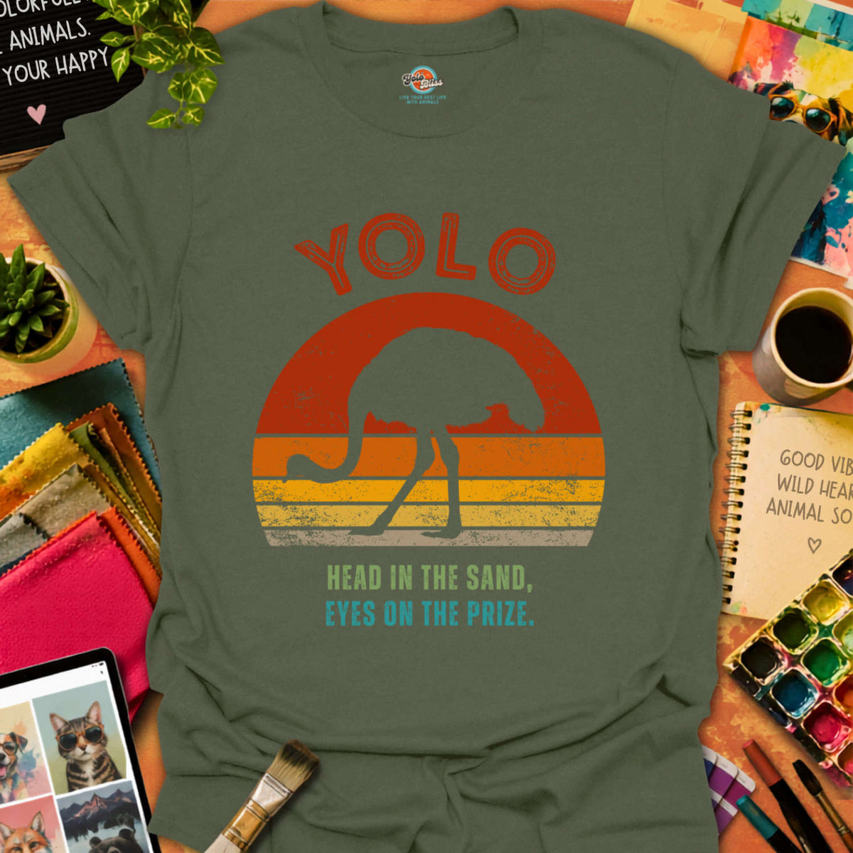 Rustic YOLO Retro Sunset Ostrich T-shirt
