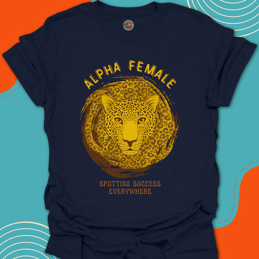 Navy blue t-shirt with a gold leopard graphic and "alpha female, spotting success everywhere" text