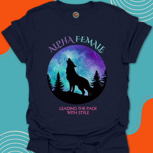 Navy blue t-shirt with wolf howling to the moon in a dark forest graphic and "alpha female, leading the pack with style" text
