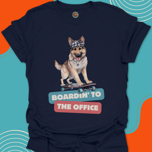 Navy blue t-shirt with a funny German shepherd dog with a funky cap on a skateboard graphic and "Boardin' to the Office" text