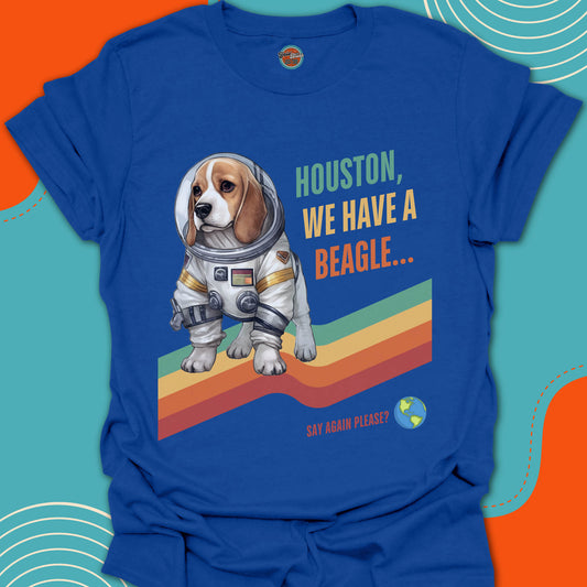 Blue t-shirt with a beagle in an astronaut suit graphic and text on a colorful background