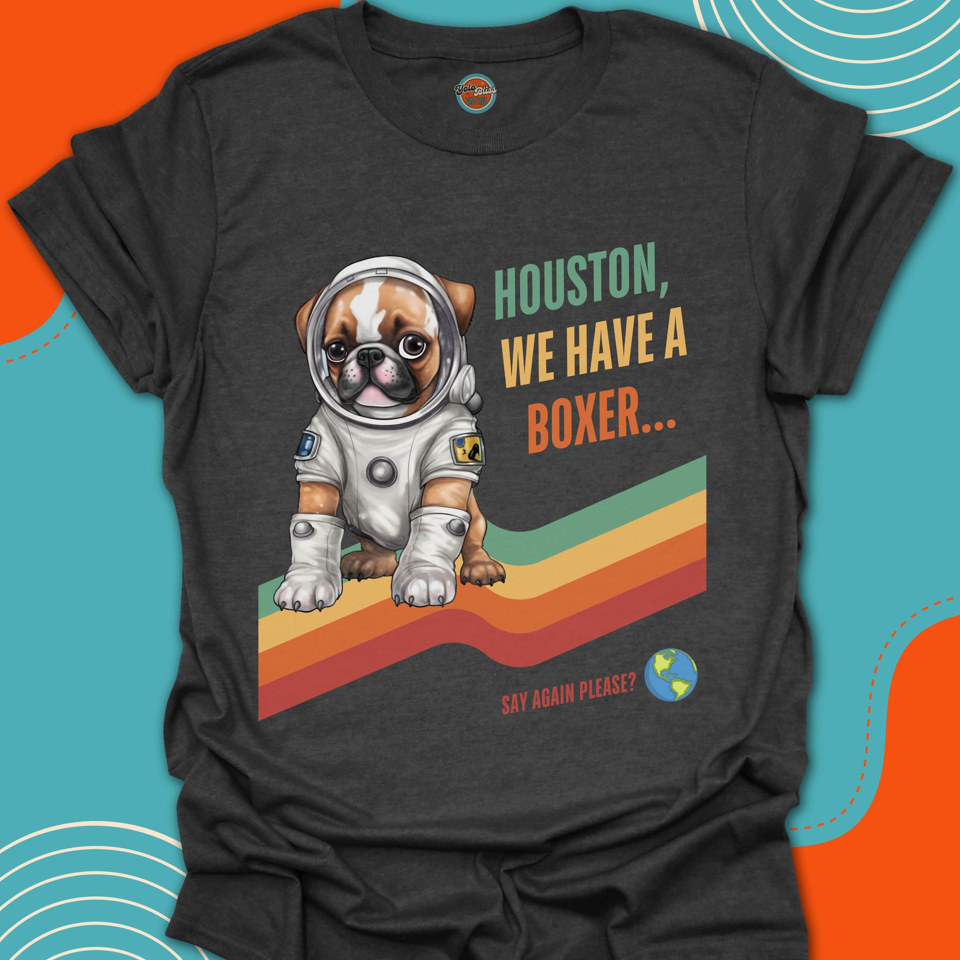 Black t-shirt with a cute boxer dog in a space suit graphic and text on an orange and blue background
