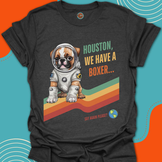 Black t-shirt with a cute boxer dog in a space suit graphic and text on an orange and blue background