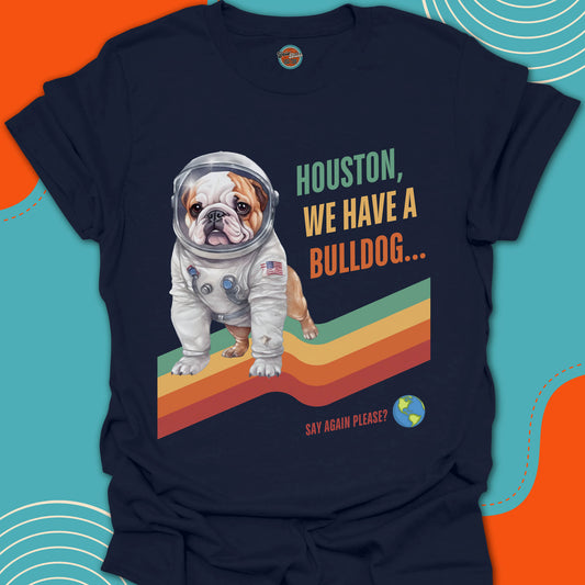 Navy blue t-shirt with a bulldog in an astronaut suit graphic and houston text on a colorful background