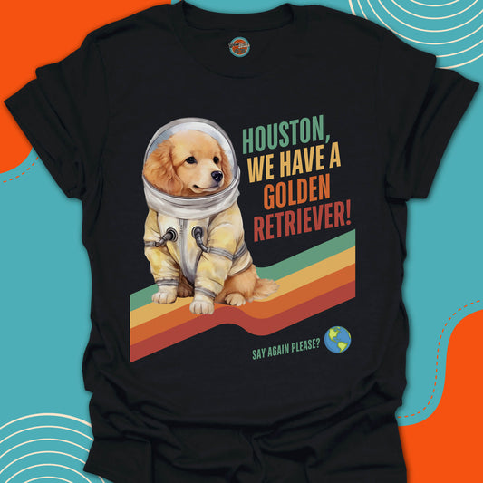 Black t-shirt with a golden retriever in an astronaut suit graphic and text on a colorful background