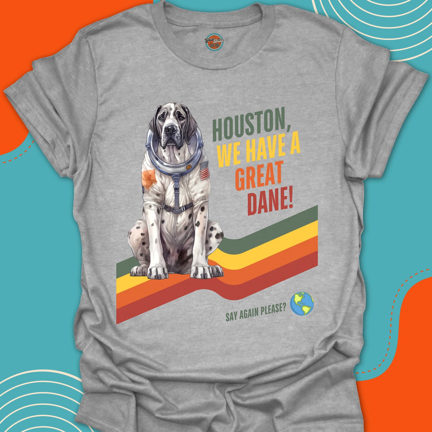 Gray t-shirt with a dog graphic and text on a colorful background