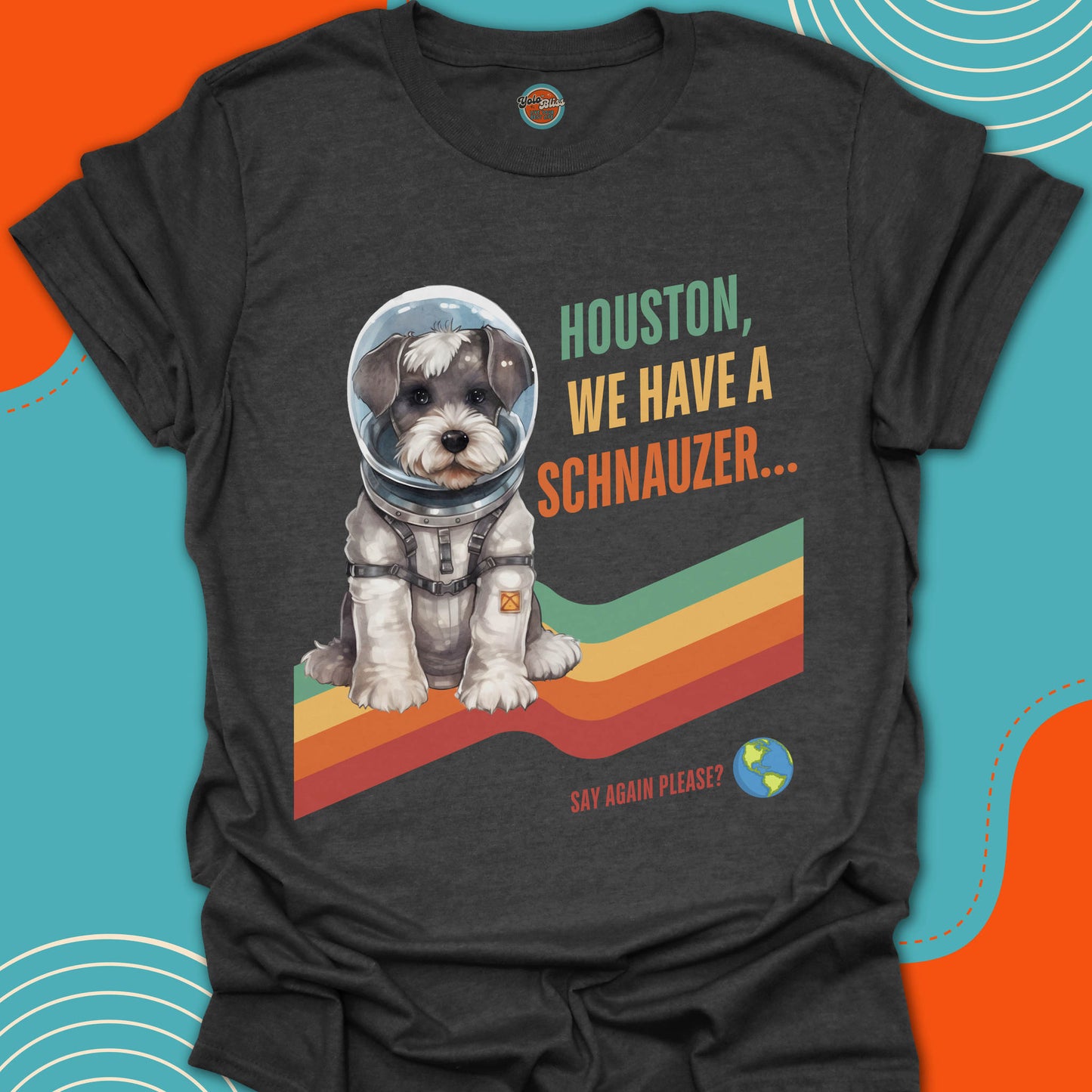 Dark heather t-shirt with a Schnauzer in an astronaut suit graphic and text on a colorful background