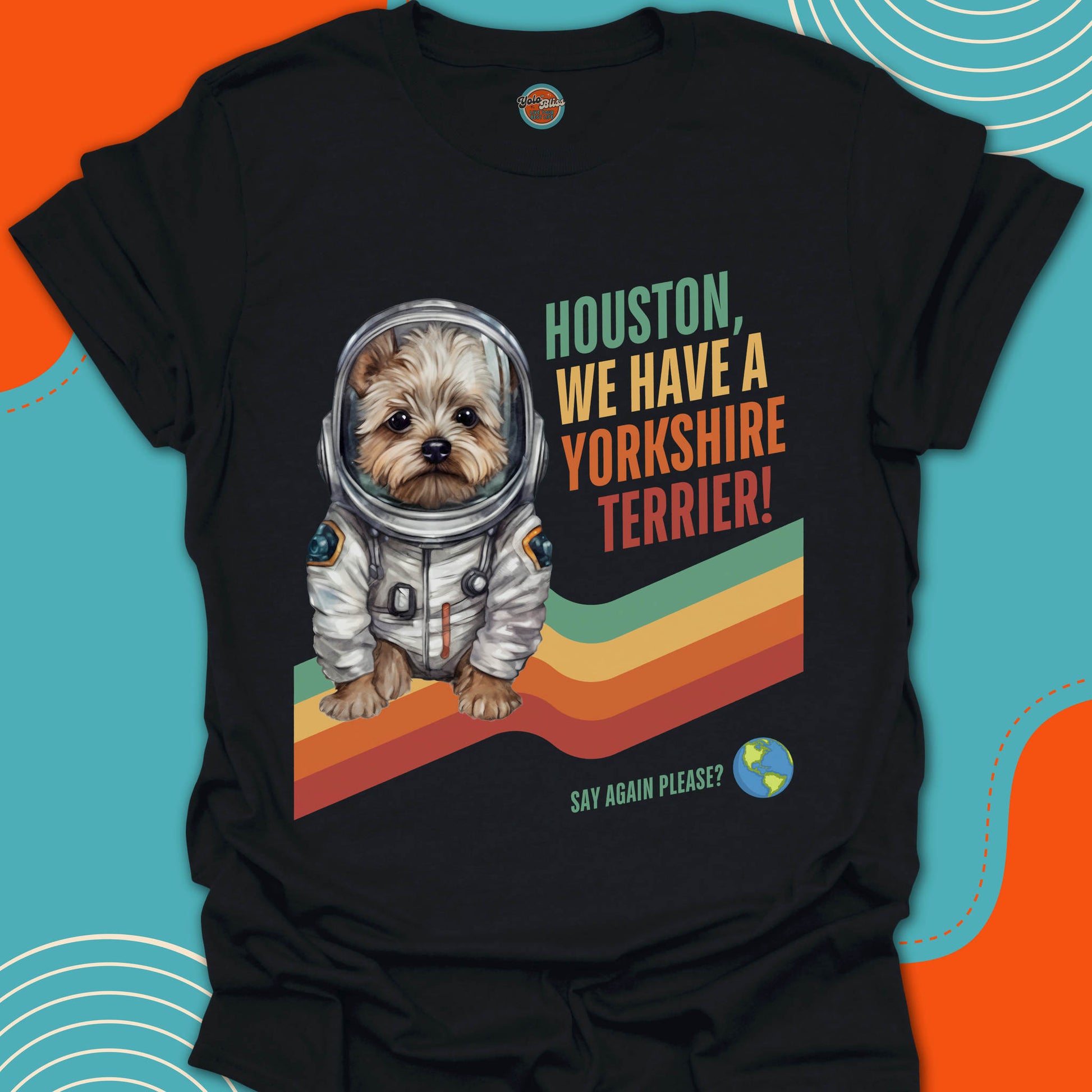 Black t-shirt with a Yorkshire Terrier in an astronaut suit graphic and text on a colorful background