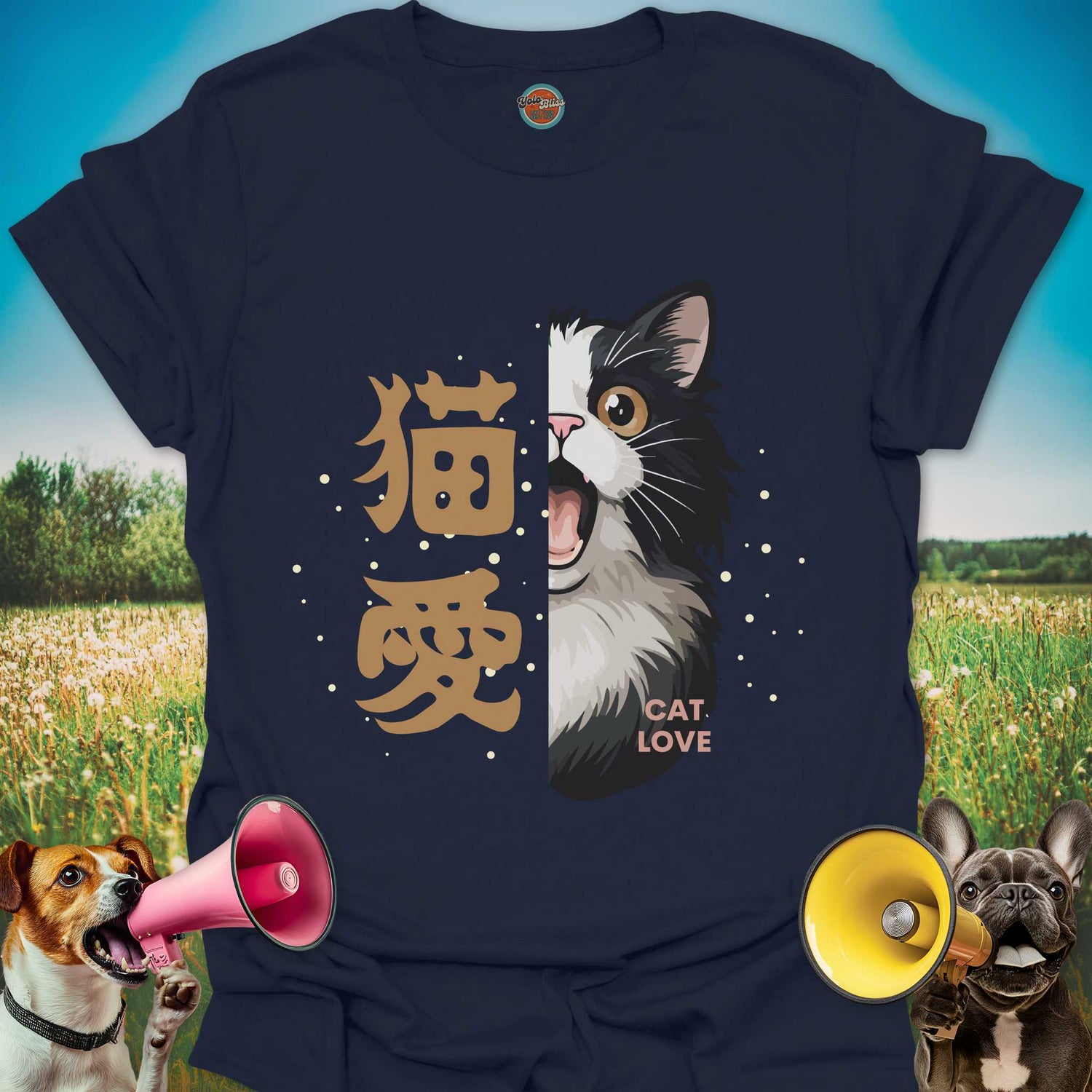 Navy blue t-shirt with a screaming funny cat graphic and Chinese kanji characters on a colorful background