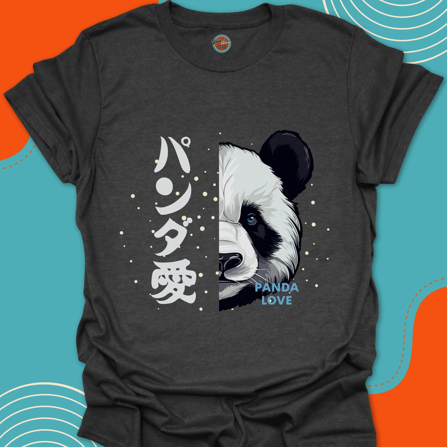 Dark gray t-shirt with beautiful panda design and japanese text Panda Love on a sparkly background