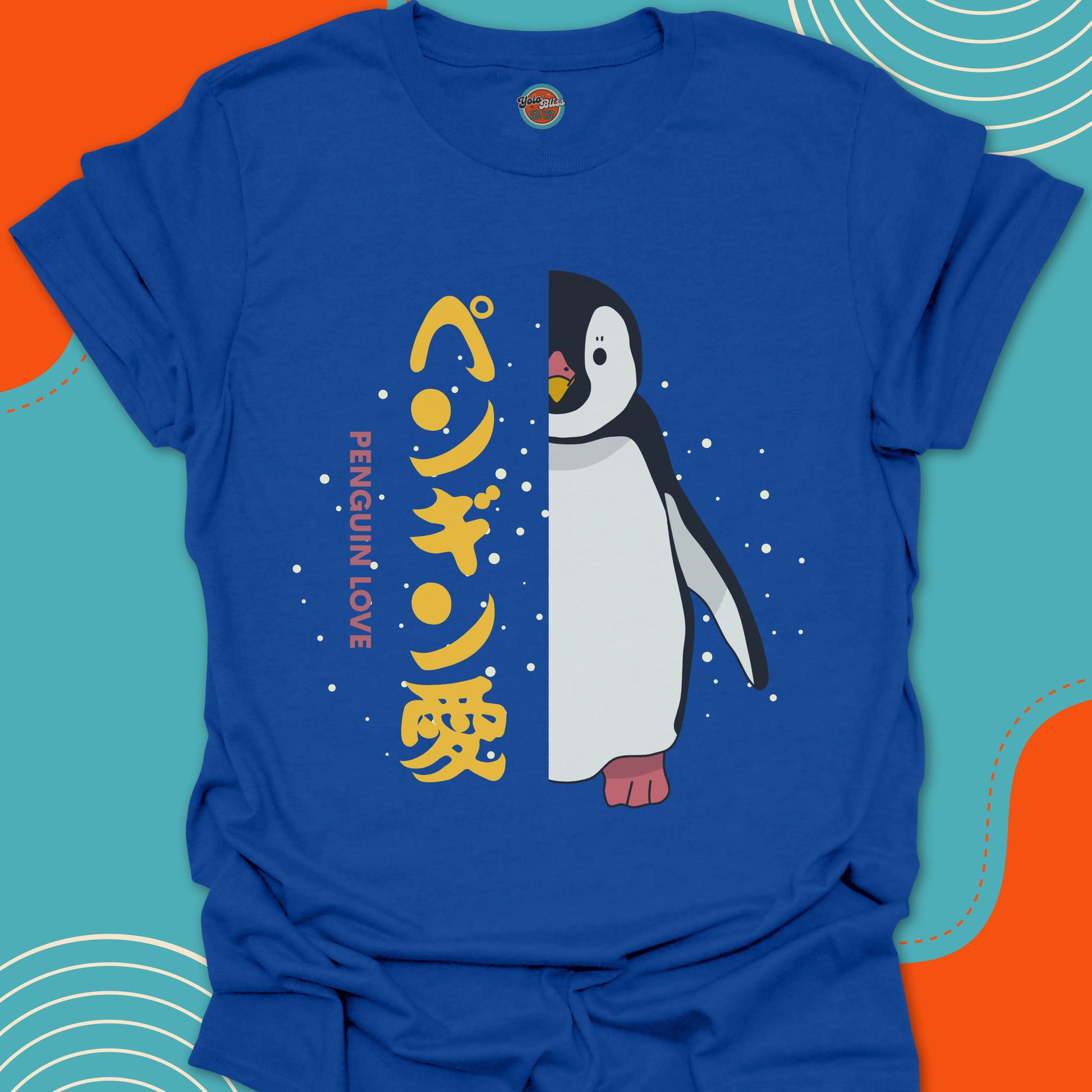 Blue t-shirt with a kawai penguin graphic and Japanese text penguin love
