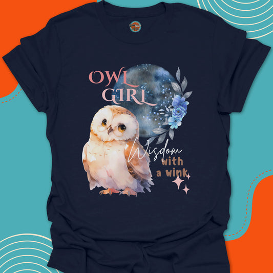 Navy blue t-shirt with a cute baby owl and a large moon and blue flowers graphic and "Owl Girl, wisdom with a wink" text