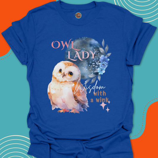 Royal blue t-shirt with a cute baby owl and a large moon and blue flowers graphic and "owl lady, wisdom with a wink" text