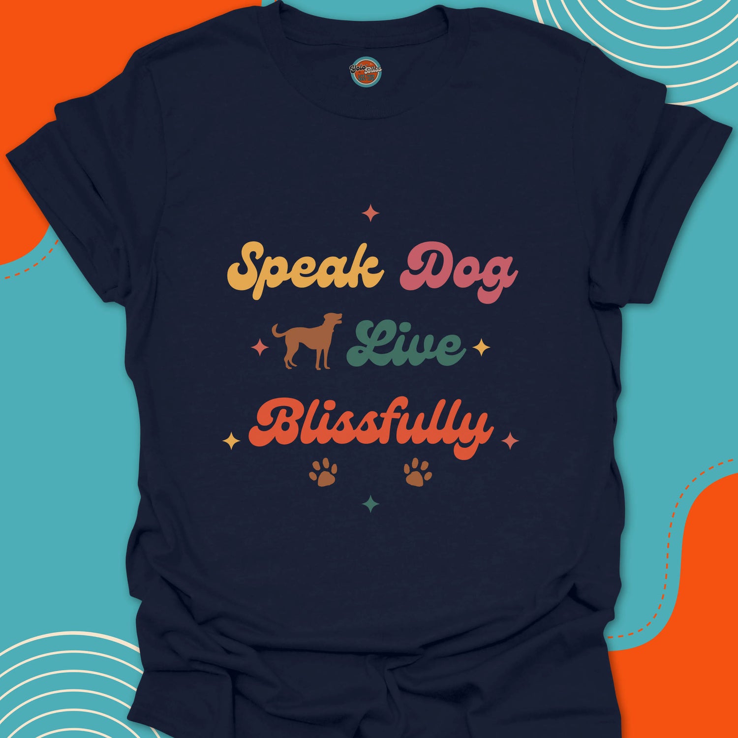 Navy blue t-shirt with yellow pink green and orange text and dog illustration