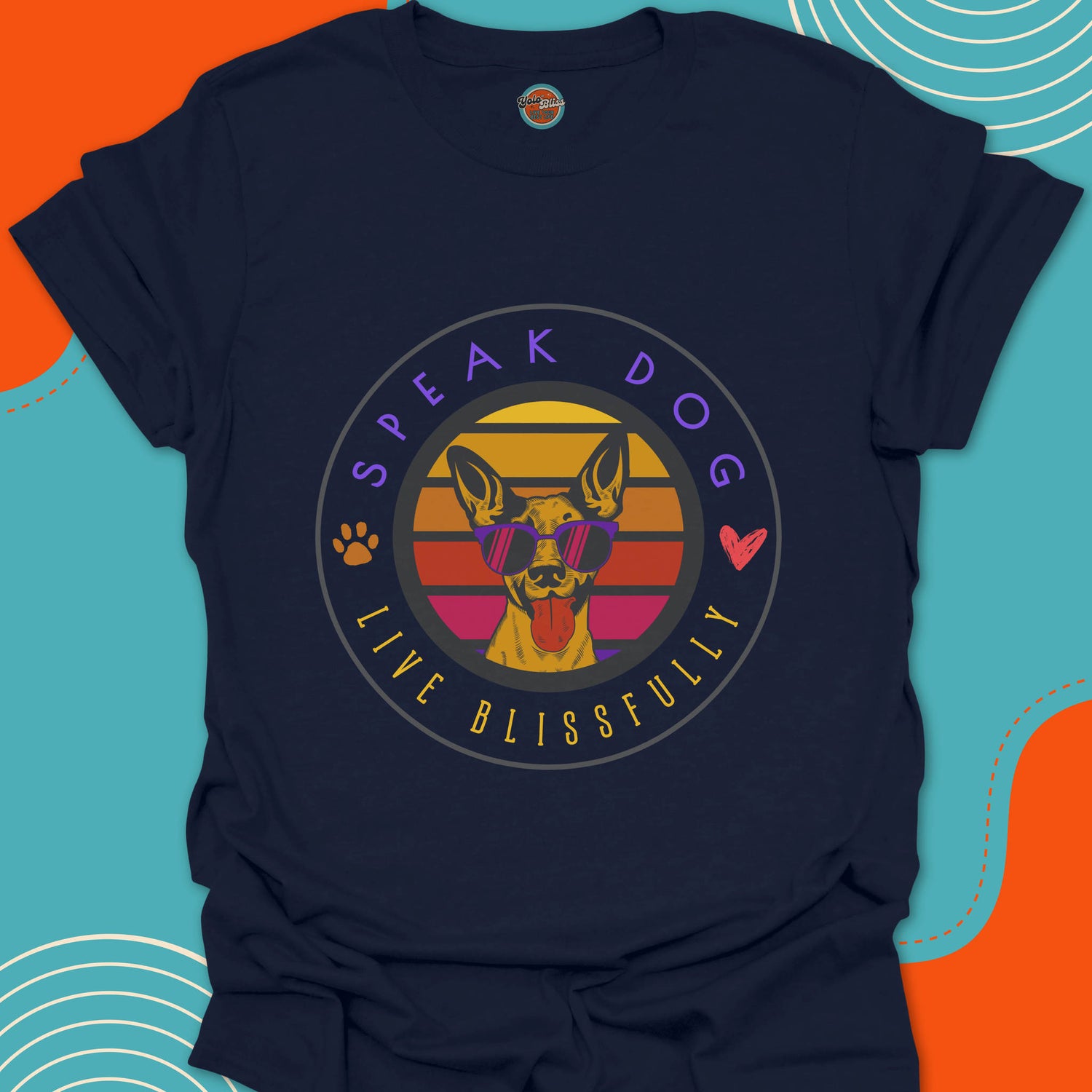 Navy blue t-shirt with a graphic design featuring a dog, sunglasses, and text on a striped warm colors background.