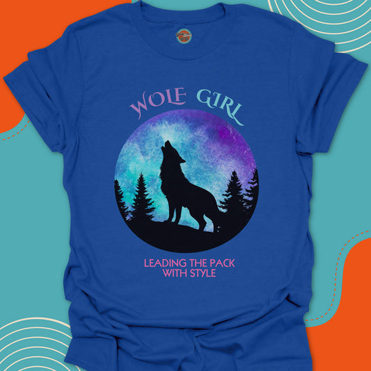 Royal blue t-shirt with beautiful wolf howling to the moon in a dark forest graphic and "wolf girl, leading the pack with style" text