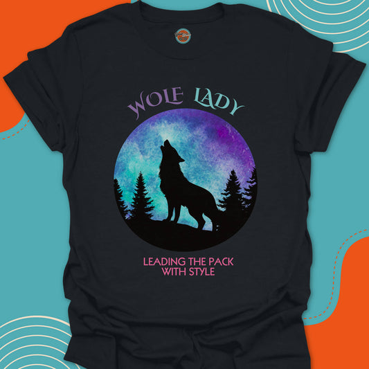 Black t-shirt with wolf silhouette howling to the moon in a dark forest graphic and "Wolf Lady, leading the pack with style" text in colors