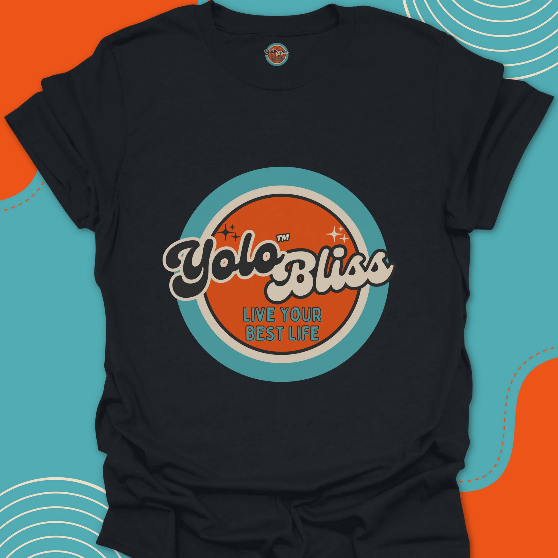 Black t-shirt with the official 'Yolo Bliss, Live your best life" orange and turquoise logo
