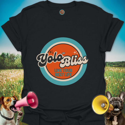 Black t-shirt with the official 'Yolo Bliss, Live your best life" orange and turquoise logo