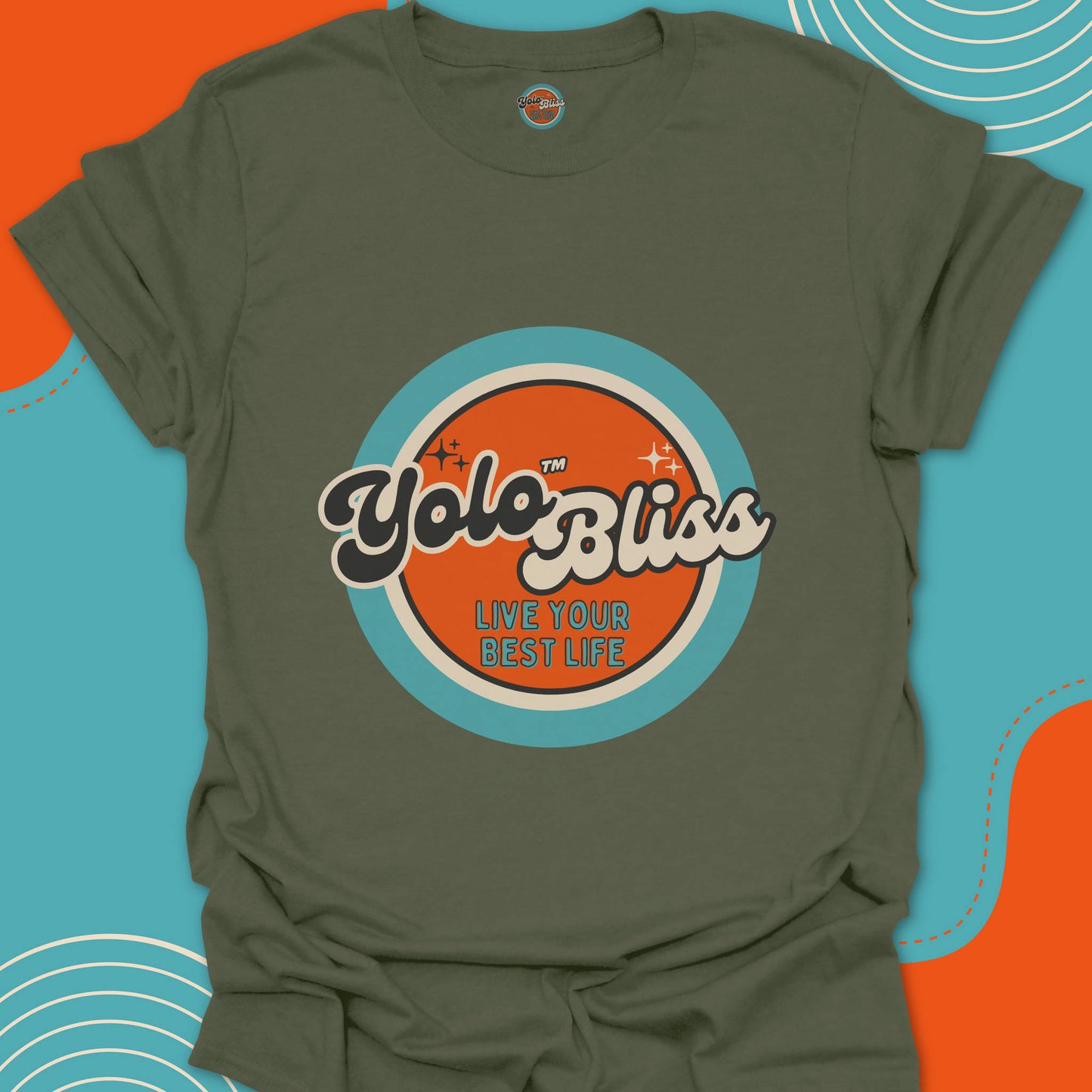 Green t-shirt with a large official "YoloBliss, Live your best life" orange and turquoise logo on the front. Yolo Bliss