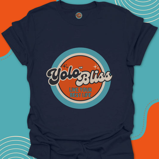 Navy blue t-shirt with a large official "YoloBliss, Live your best life" orange and turquoise logo on the front. Yolo Bliss