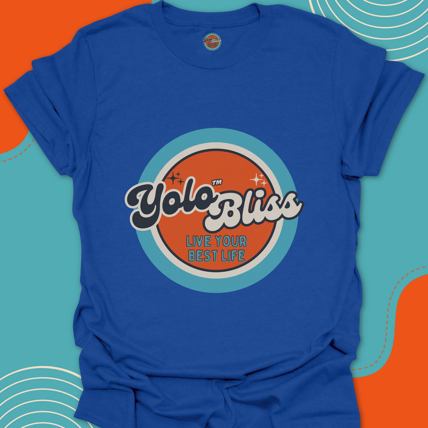Blue t-shirt with a large official "YoloBliss, Live your best life" orange and turquoise logo on the front. Yolo Bliss