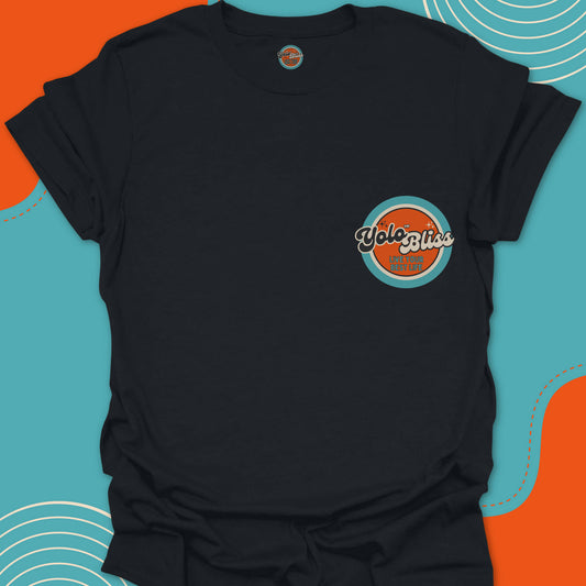 Black t-shirt with a small official "Yolo Bliss, Live your best life" orange and turquoise logo on the chest. YoloBliss