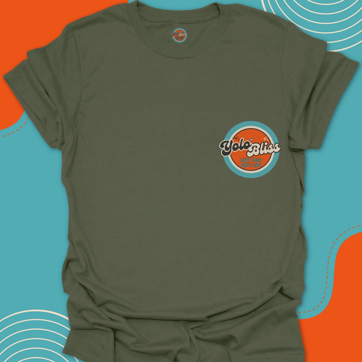 Military green t-shirt with a small official "Yolo Bliss, Live your best life" orange and turquoise logo on the chest. YoloBliss