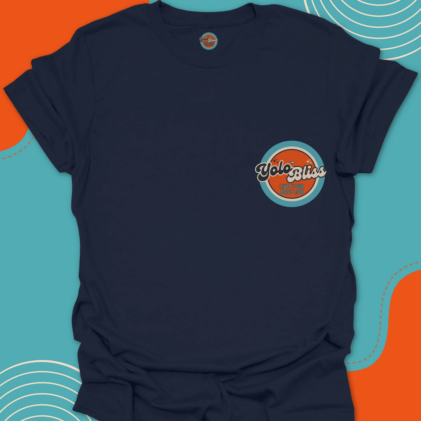 Navy Blue t-shirt with a small official "Yolo Bliss, Live your best life" orange and turquoise logo on the chest. YoloBliss
