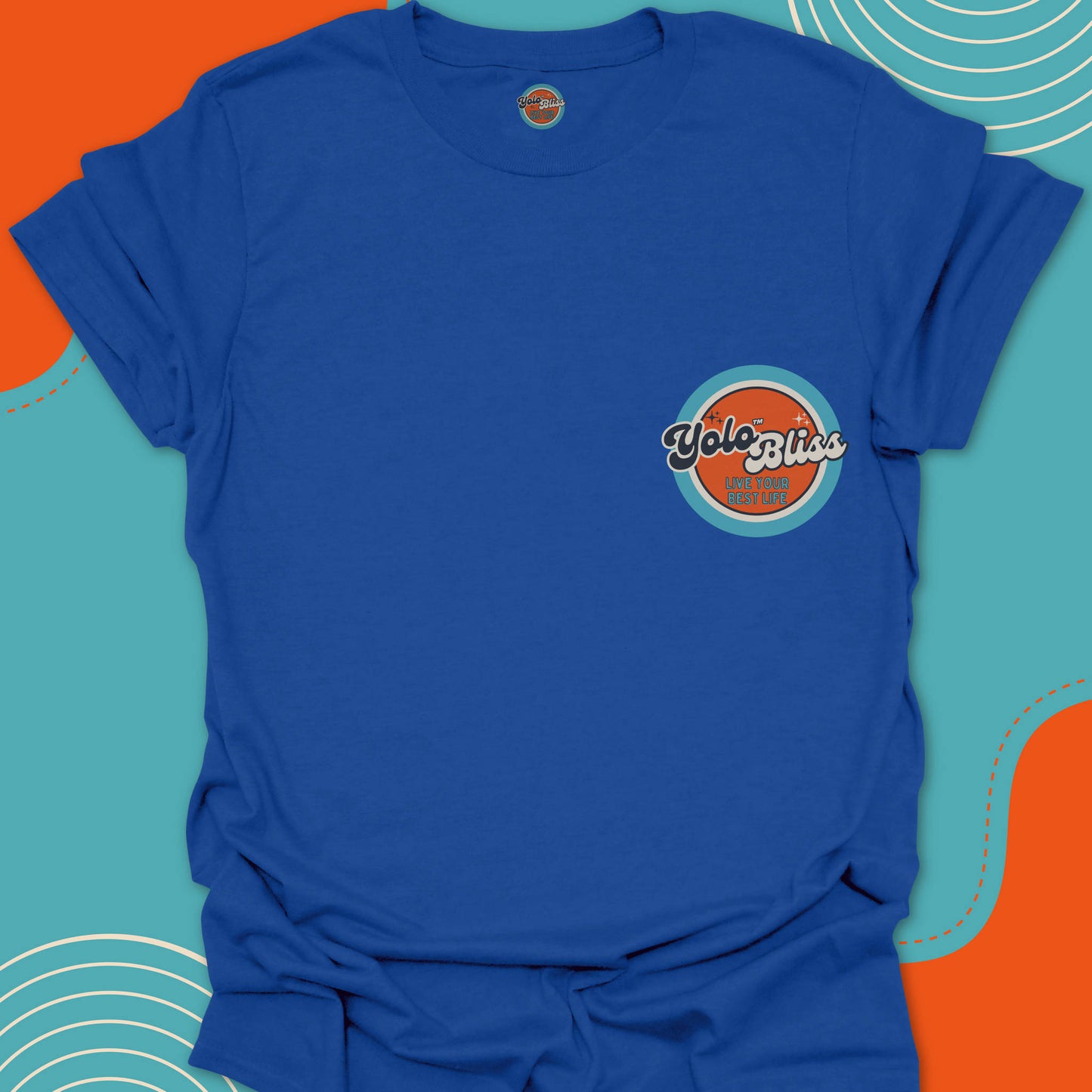 Royal blue t-shirt with a small official "Yolo Bliss, Live your best life" orange and turquoise logo on the chest. YoloBliss