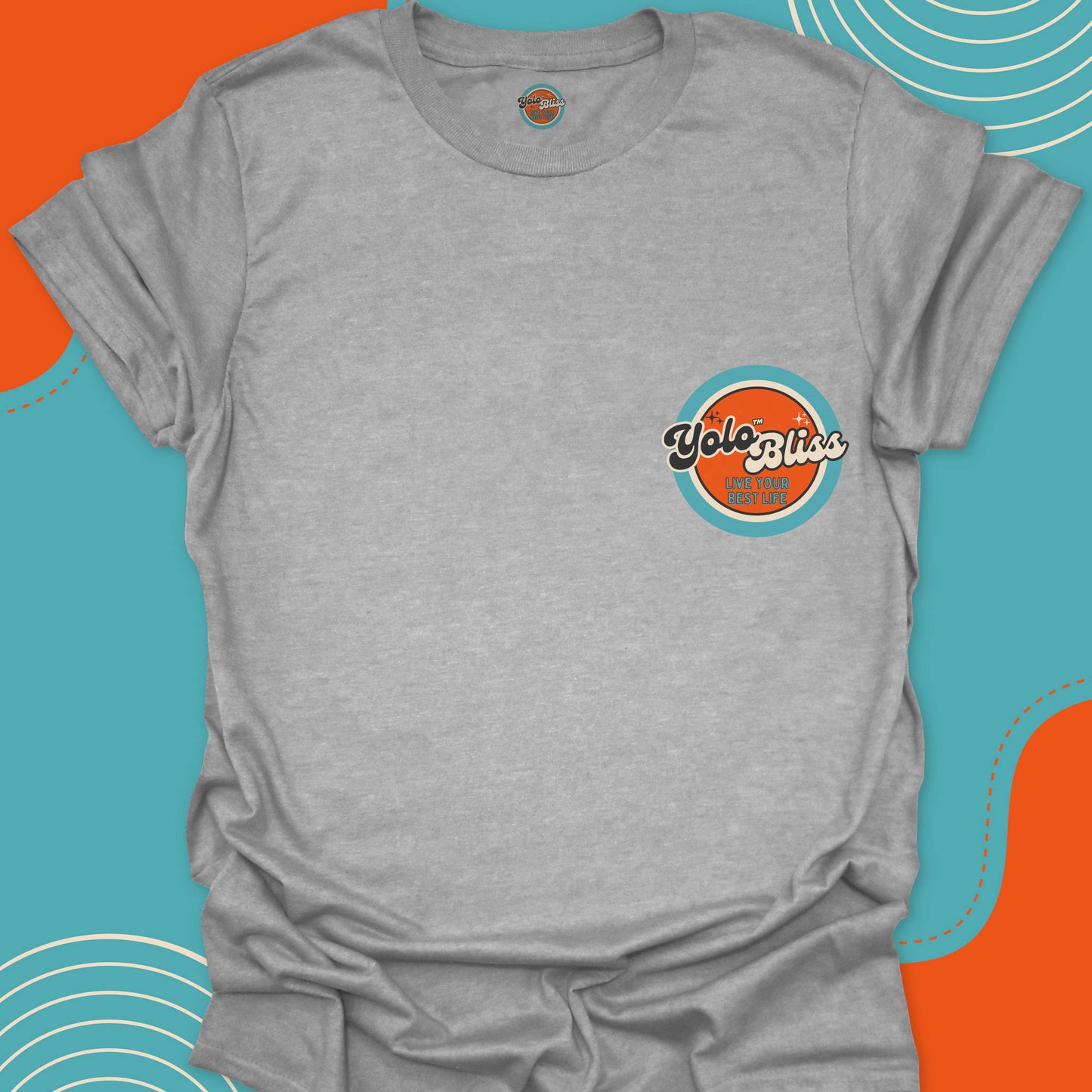 Sports Gray t-shirt with a small official "Yolo Bliss, Live your best life" orange and turquoise logo on the chest. YoloBliss